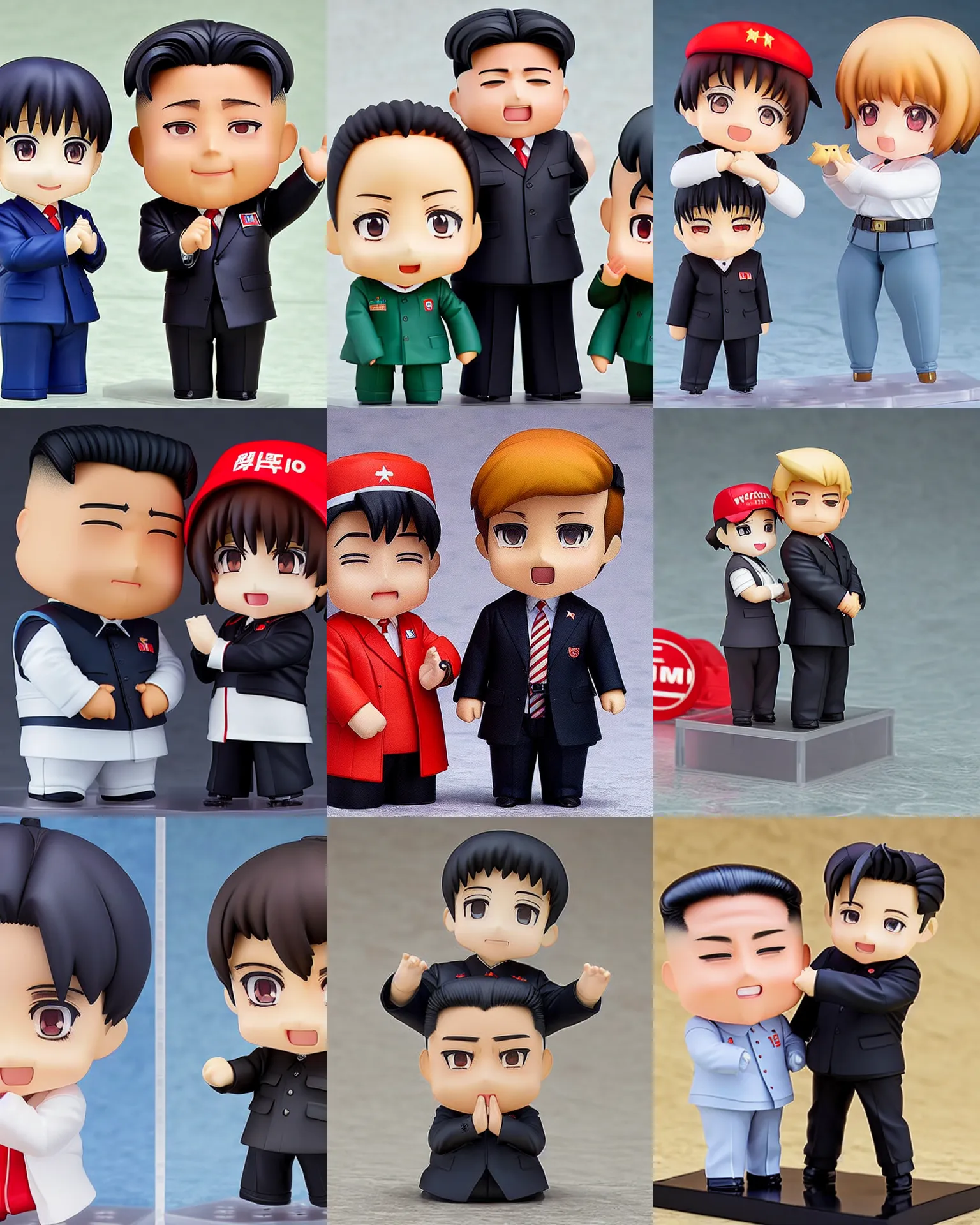 Prompt: an anime nendoroid of kim jong un kissing an anime nendoroid of donald trump, detailed product photo