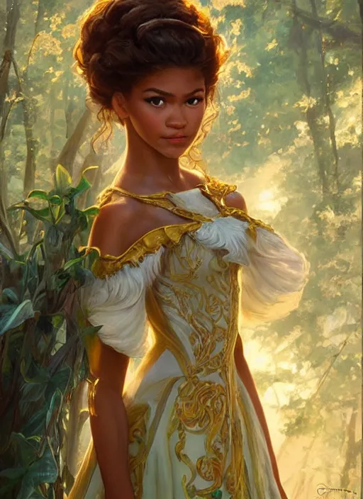 Image similar to beautiful young zendaya as tiana princess, closeup, d & d, fantasy, intricate, elegant, highly detailed, digital painting, artstation, concept art, matte, sharp focus, illustration, art by artgerm and greg rutkowski and alphonse mucha