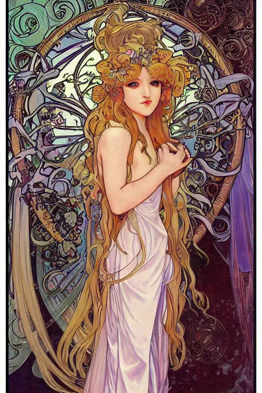 Image similar to Female angelic Fae in the style of Ayami Kojima and Alphonse Mucha