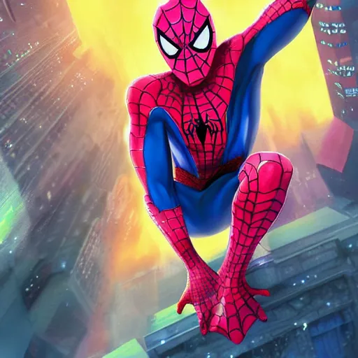 Image similar to spiderman with pink suit and yellow glowing eyes, and alien ears, anime cinema photorealistic beautiful cinematic world of chrono trigger in the style of studio ghibli. hyperdetailed photorealism, 1 0 8 megapixels, amazing depth, glowing rich colors, powerful imagery, psychedelic overtones, 3 d finalrender, 3 d shading, cinematic lighting, artstation concept art