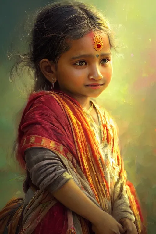 Image similar to hindu little girl, joyful, close - up portrait, intricate, elegant, volumetric lighting, scenery, digital painting, highly detailed, artstation, sharp focus, illustration, concept art, ruan jia, steve mccurry