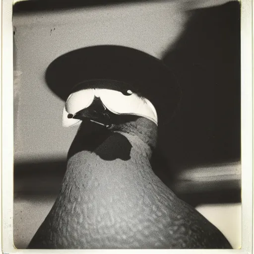 Image similar to wide-shot very low-angle eyesight photo of a pigeon in a hat at the street in New York, polaroid photo, by Andy Warhol, signed