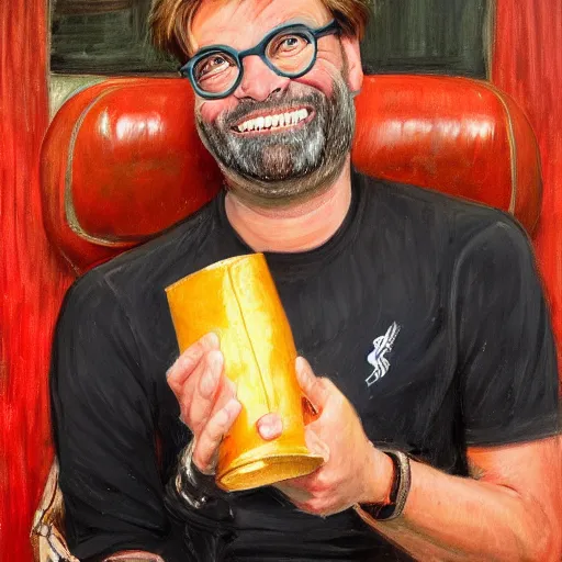 Prompt: jurgen klopp holding up a hot dog eating trophy, portrait by john william waterhouse and edwin longsden long and theodore ralli and nasreddine dinet, oil on canvas. cinematic, vivid colors, hyper realism, realistic proportions, dramatic lighting, high detail 4 k