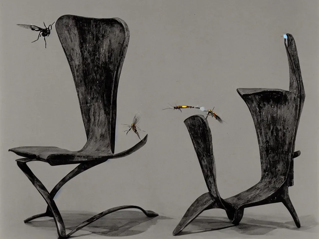 Image similar to flaming brutalist chair with wasp. karl blossfeldt, salvador dali