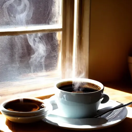 Prompt: a delicious cup of steaming coffee in a table, morning light through the windows