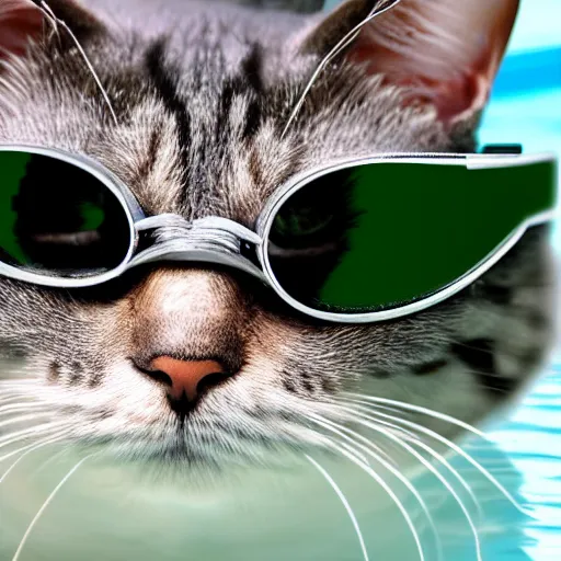Prompt: detailed cat with goggles swimming in pool