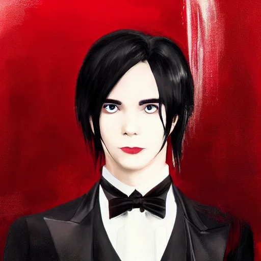 Image similar to full face shot of a handsome butler with straight black hair, a red streak in his hair, with black and red eyes, shy smile, fancy, ultra detailed, brush strokes, digital painting, cinematic, wlop artstation, pixiv, yoshitaka amano, andy warhol, ultra realistic,