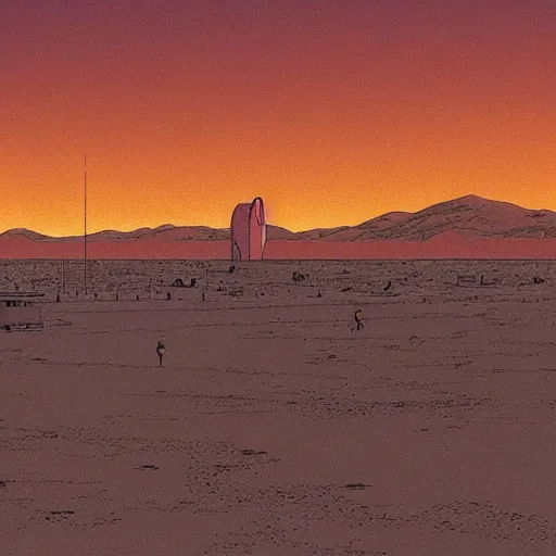 Prompt: busy spaceport in the desert, moebius, Jean Giraud, landscape, epic, artstation, dusk