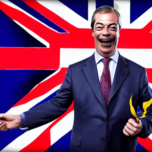 Image similar to nigel farage laughing holding burning eu flag, studio photograph, hd, studio