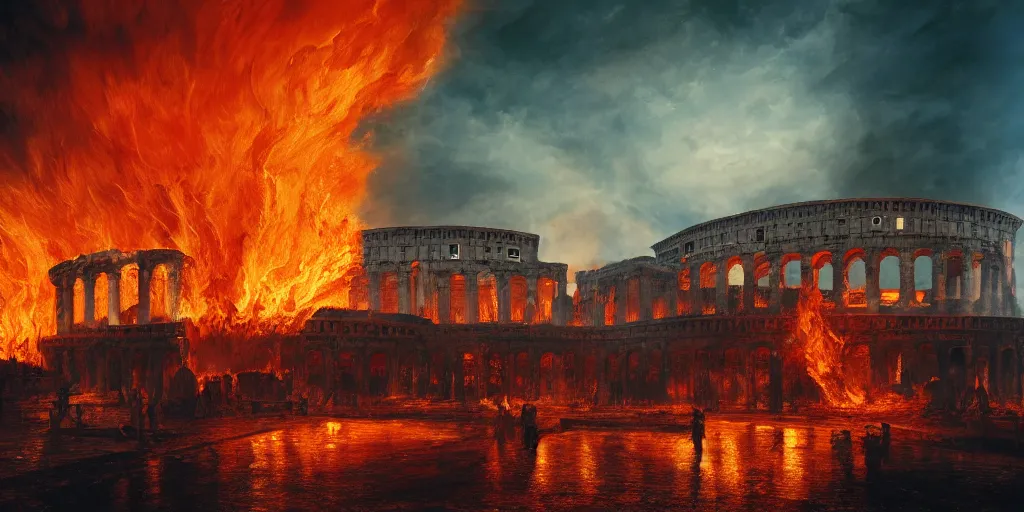 Image similar to painting of the great fire of rome, abstract, realism, 8 k, detailed, terror, octane render, 3 d render, complex emotion, glow, orange, beautiful, cinematic