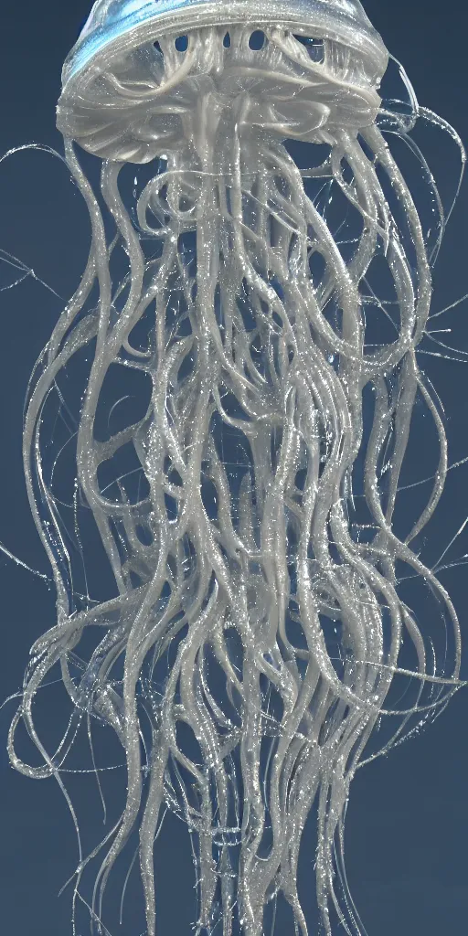 Image similar to a photorealistic render of a 3 d alien jellyfish sculpture, made of liquid metal and marble, c 4 d, by ernst haeckel and zhelong xu, complex and hyper realistic, plain background, 8 k, volumetric lightning, very detailed