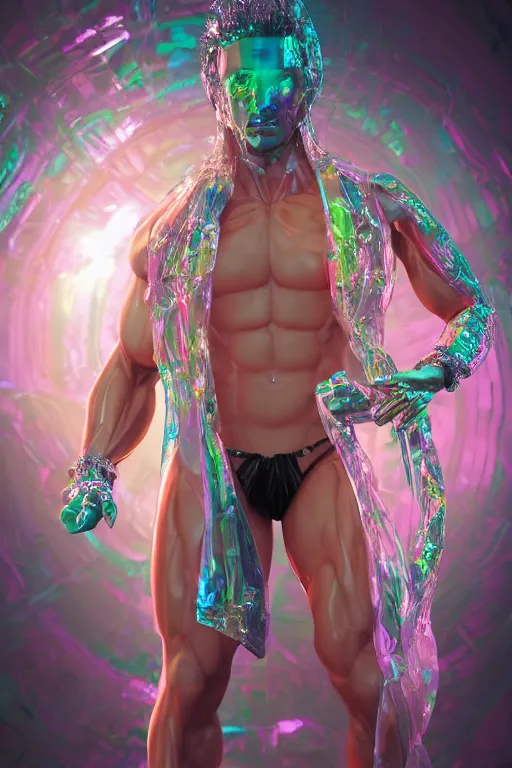 Image similar to hyper detailed ultra sharp fullbody photo of baroque and cyberpunk transparent pink gem sculpture of a muscular seductive muscular macho italian man feeling muy cachondo, muy dotado, iridescent humanoid deity wearing pink plastic seethrough cloak, holding a rainbow tiger gem, blue diamond, glowing pink face, crown of white diamonds, cinematic lighting, photorealistic, octane render 8 k