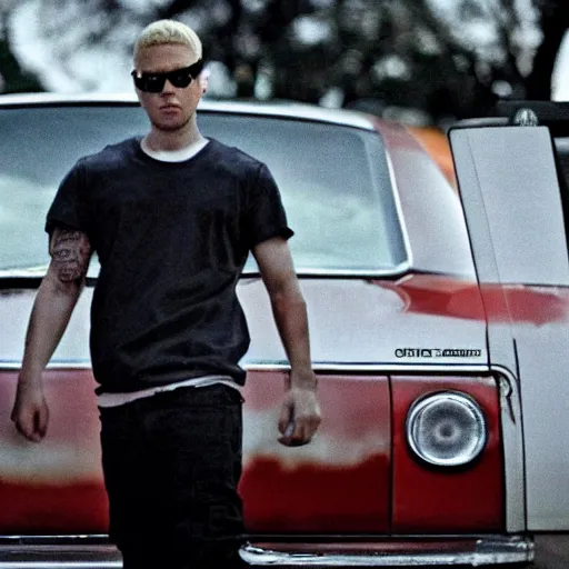 Image similar to Eminem in Drive (2011), dramatic, stormy night, film still