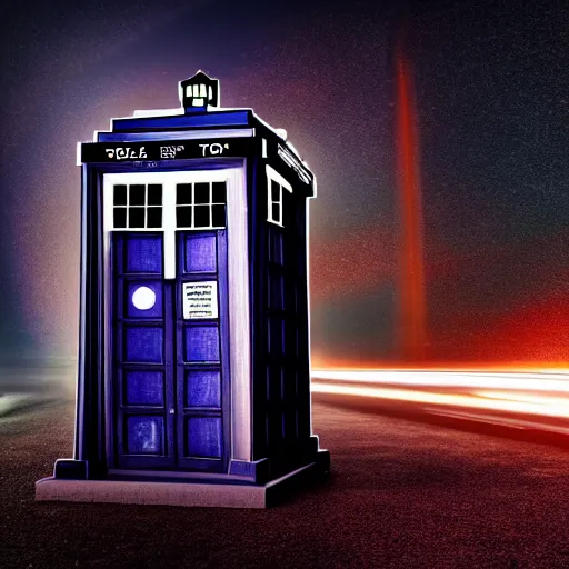 Image similar to a hyperdetailed photograph of the tardis sat on a futuristic street corner, night, dense fog, rain, hd, 8 k resolution