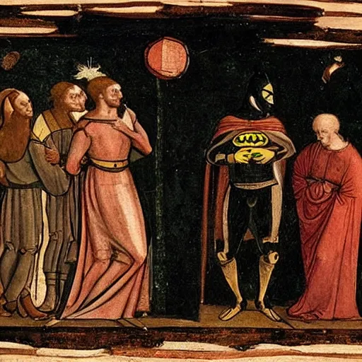 Prompt: medieval painting of people having discussion with batman by Leonardo Davinci, elegant