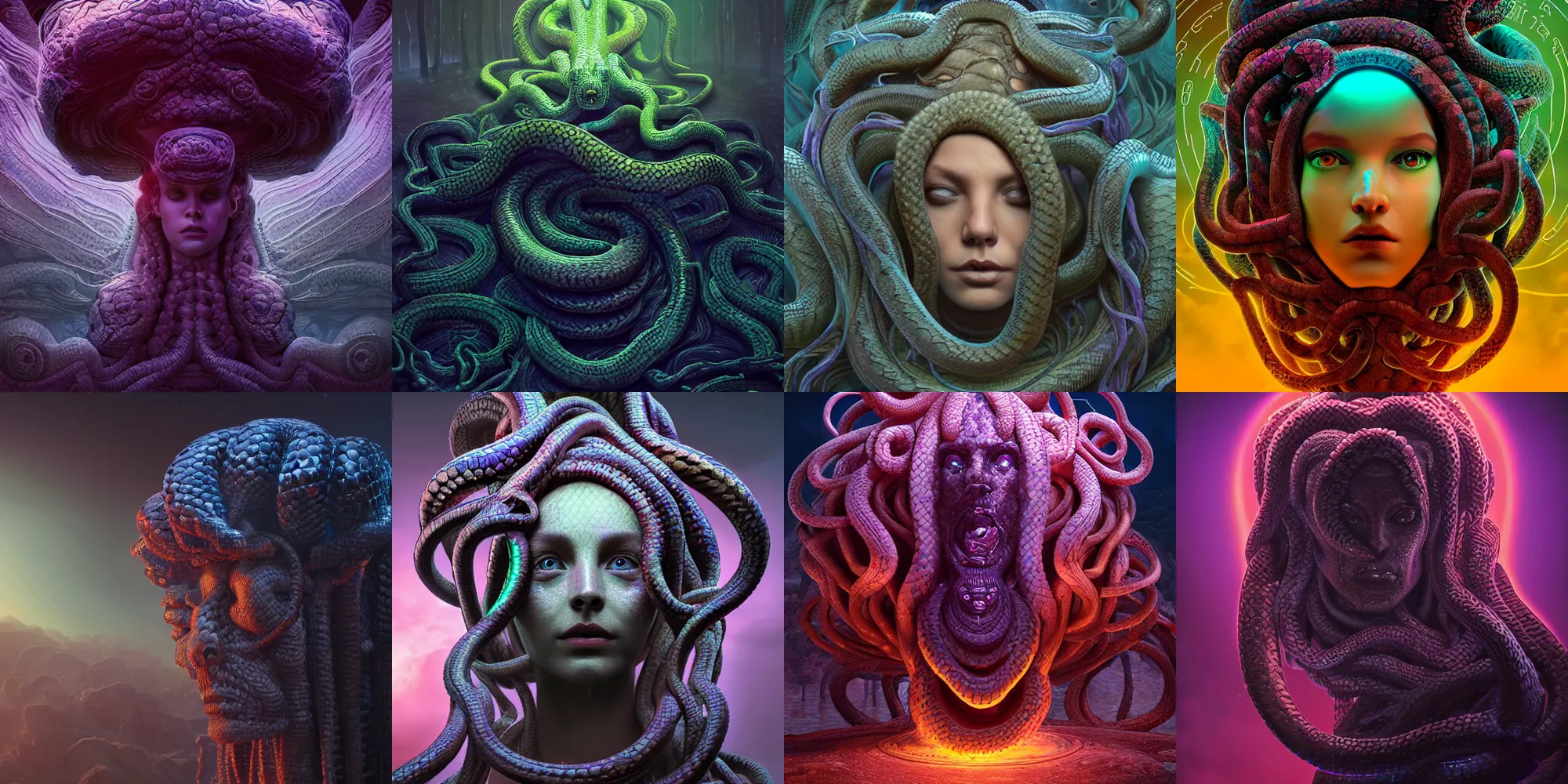 Image similar to beautiful dark medusa gorgon gaze head, highly detailed snakes, beautiful dark creepy landscape, in the style of beeple and mike winkelmann, intricate, epic lighting, cinematic composition, hyper realistic, 8 k resolution, unreal engine 5, raytracing, ultraviolet colors,