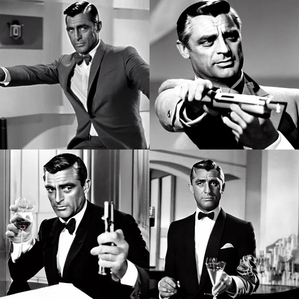 Prompt: Movie still of Cary Grant as James Bond holding a Beretta shaped as a Martini glass (1962).