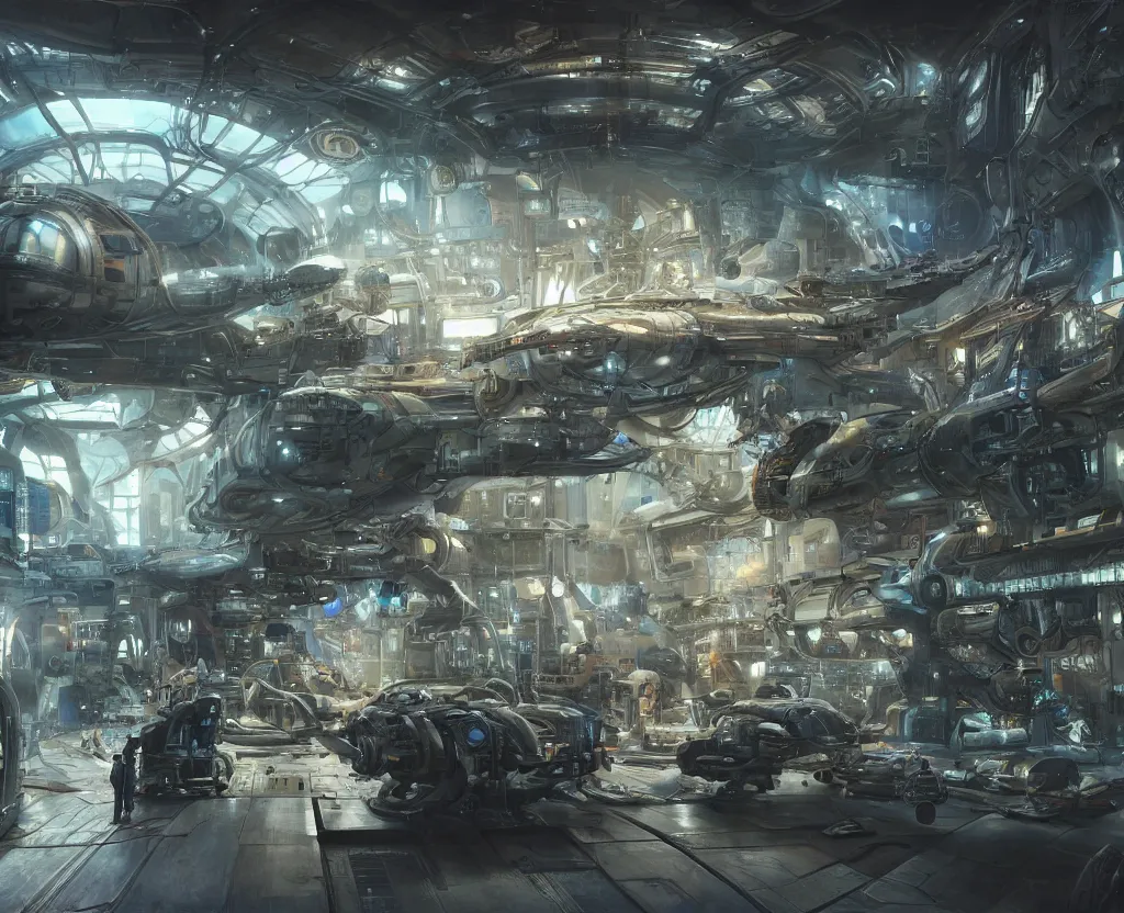 Prompt: the inside of a futuristic mechanic spaceshop, spaceship being repaired, highly detailed interior, holographic screen in center frame by peter mohrbacher and craig mullins, dieselpunk, cyberpunk, firefly, star citizen, unreal engine, extreme detail, hyper realism, realistic shading, cinematic composition, realistic render, octane render, detailed textures, photorealistic