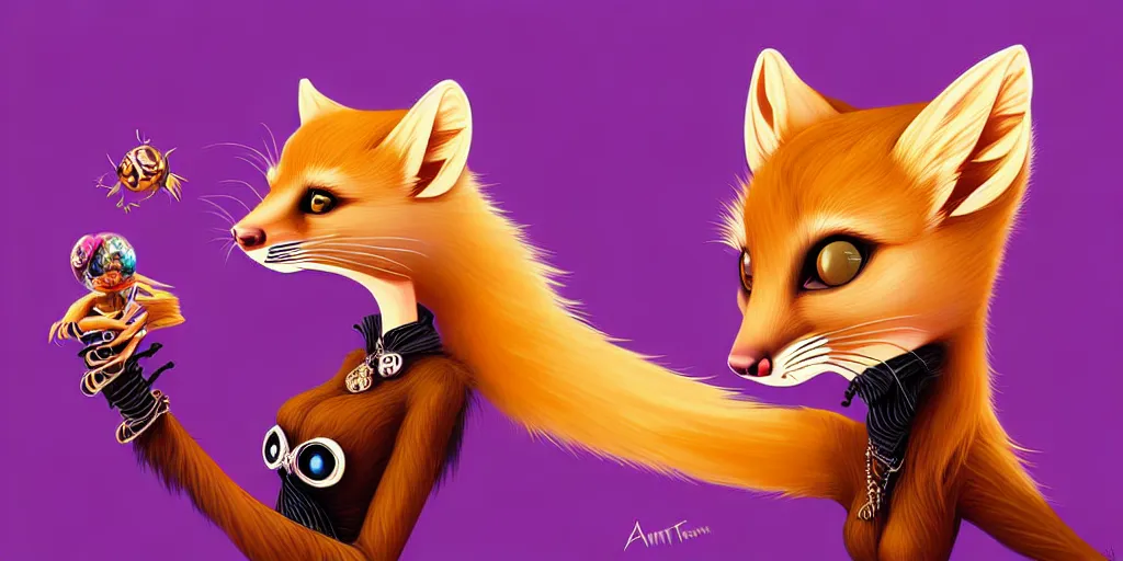 Image similar to curved perspective, extreme narrow, extreme fisheye, digital art of a female embalmed marten animal wearing jewlery with blonde hairstyle by anton fadeev from nightmare before christmas