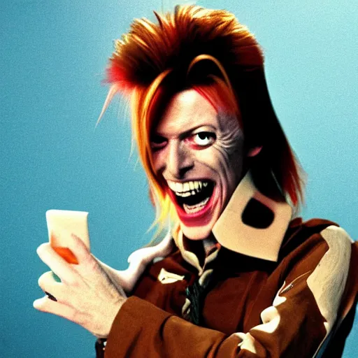 Prompt: david bowie in heaven, laughing at memes about himself on a laptop