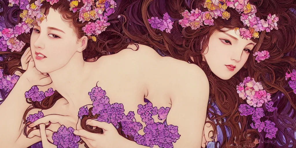 Image similar to a portrait of a very seductive young woman, hair full of gigantic flowers and tentacles, photoillustration, realistic, closeup, facing the camera, dramatic lighting, in the style of WLOP and Alphonse Mucha and Kim Deuk-sin