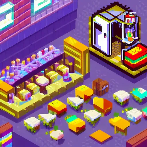 Prompt: isometric 1 6 bit pixel art ice cream shop, cyberpunk, kai vermehr