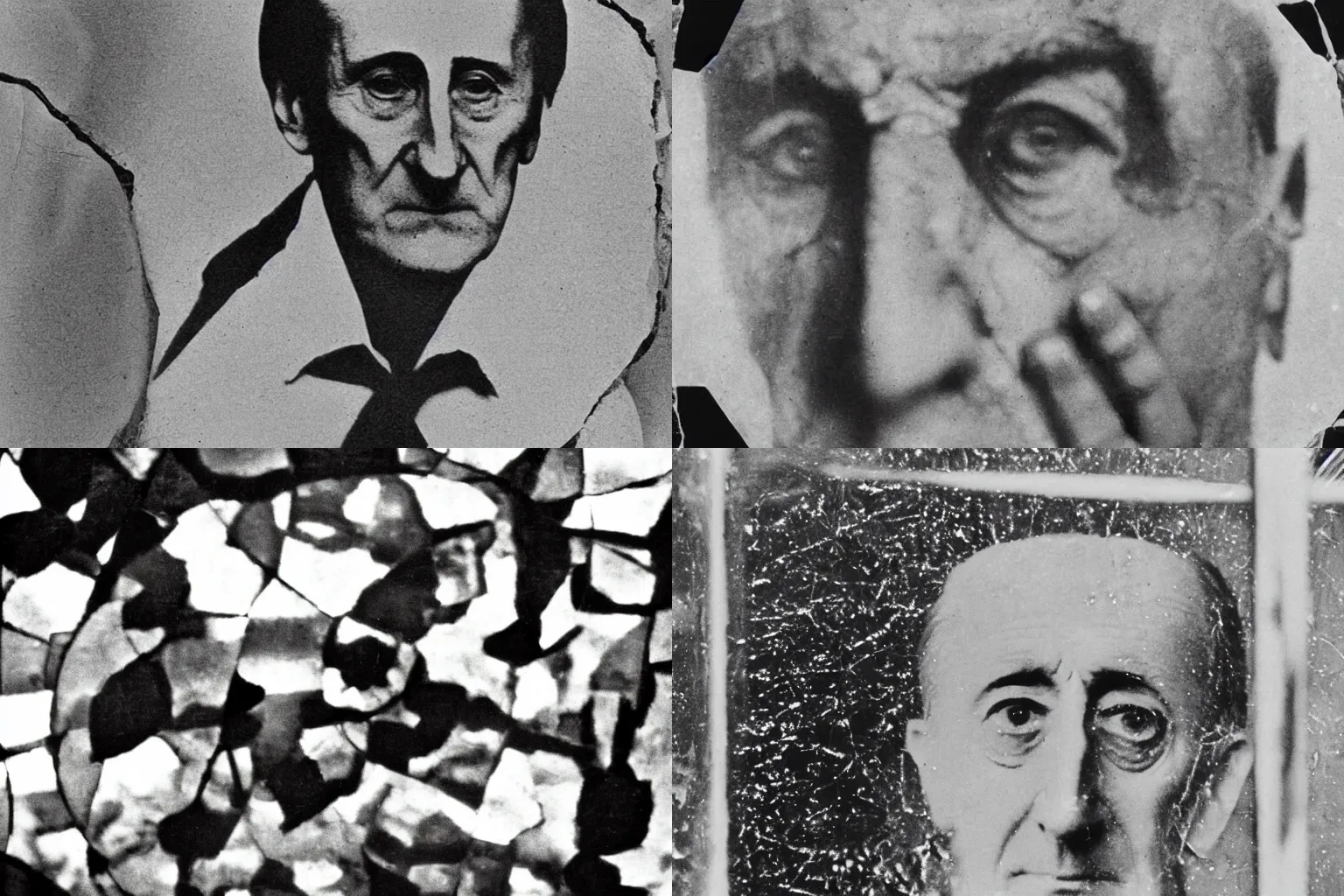 Prompt: a close-up photograph of Marcel Duchamp seen through broken prismatic glass aberrations
