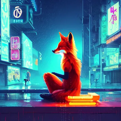 Prompt: splash art of cute female anthropomorphic vulpes vulpes fox sitting by a noodle stand in the crowded street of a cyberpunk city, rain, cyberpunk clothes, bright neon lights, atmospheric : by weta, greg rutkowski, wlop, ilya kuvshinov, rossdraws, artgerm, octane render, liosh, mucha