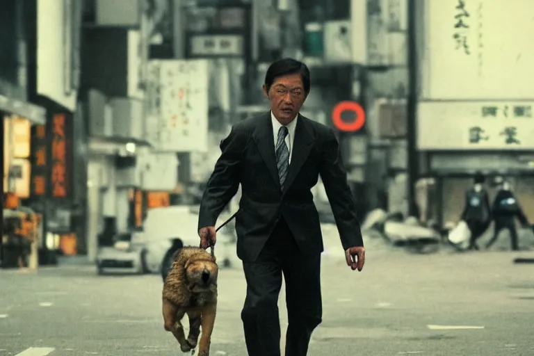 Prompt: cinematography action movie closeup portrait of a Japanese business man carrying his dog running from an explosion in Tokyo by Steven Spielberg