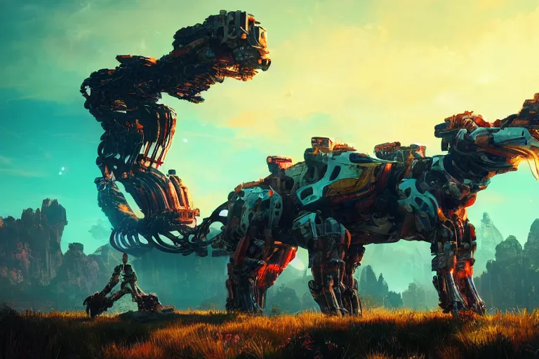 Prompt: snapmaw machine mecanical creature robot of horizon forbidden west horizon zero dawn radiating a glowing aura global illumination ray tracing hdr fanart arstation by ian pesty and alena aenami artworks in 4 k