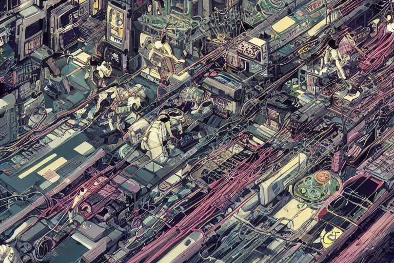 Image similar to a hyper-detailed cyberpunk illustration with a group of android females lying over an empty floor in various poses, with their bodies open and cables and wires coming out, by masamune shirow and katsuhiro otomo, view from above, close up