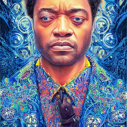 Image similar to portrait of chiwetel ejiofor, hyper detailed masterpiece, neon floral pattern, jean giraud, digital art painting, darkwave goth aesthetic, psychedelic, artgerm, donato giancola and tom bagshaw