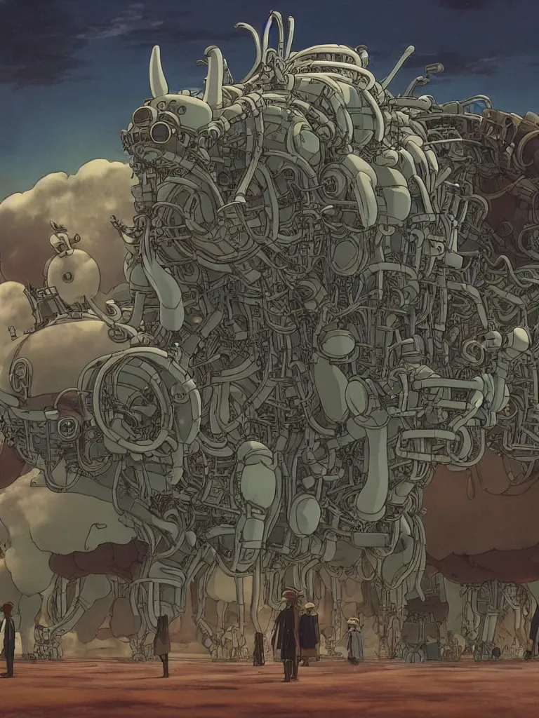 Prompt: A Lovecraftian giant mechanized mule from Studio Ghibli Howl's Moving Castle (2004) full body, 4k, highly detailed. award winning sci-fi. look at all that detail!