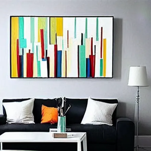 Image similar to : abstract paintings on wall in white art studio with modern architecture