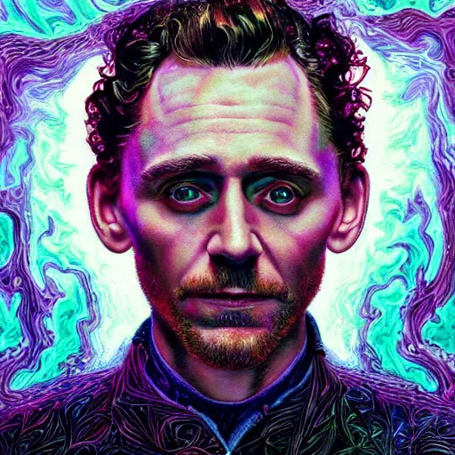 Image similar to portrait of tom hiddleston, hyper detailed masterpiece, neon floral pattern, jean giraud, digital art painting, darkwave goth aesthetic, psychedelic, artgerm, donato giancola and tom bagshaw