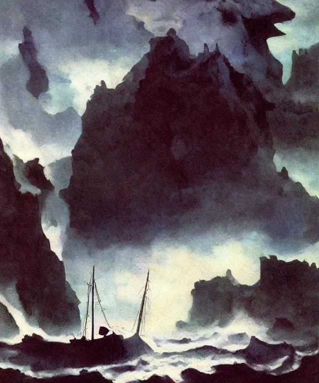 Prompt: photorealistic mixed - media painting of a 1 9 2 5 seiner sailing near a short tropical cliff with the mouth of a sea cave at the waterline, dark, brooding, atmospheric, lovecraft, horror, smooth, epic, highly detailed, cinematic, by frank frazetta