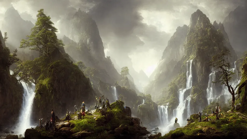 Image similar to the great elven tree above the alpine waterfall. andreas achenbach, artgerm, mikko lagerstedt, zack snyder, tokujin yoshioka