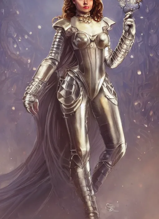 Image similar to beautiful female dorothy gale, rebecca romijn as dorothy, full body character concept, covered in full silver armor, armor plating, art nouveau, nordic, super powers, fantasy, intricate, elegant, highly detailed, digital painting, artstation, concept art, shining, sharp focus, illustration, art by stanley lau