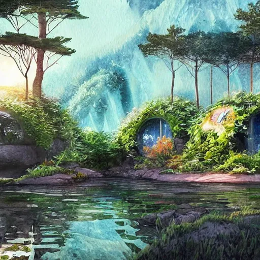 Image similar to beautiful happy picturesque charming sci - fi organic pod - like homes of the future in a beautiful natural scene. water, trees and rocks. beautiful light. soft colour scheme. beautiful artistic detailed watercolor by lurid. ( 2 0 2 2 )