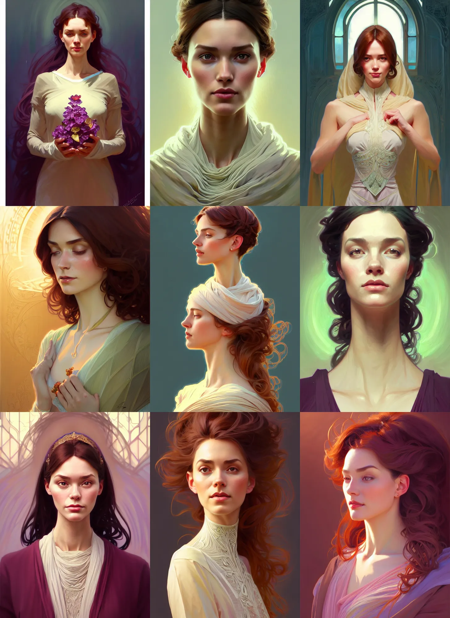 Prompt: character concept portrait of me as modest wife blessed by god to grow ever more intelligent beautiful voluminous muscular tall healthy and virtuous. modestly clothed, intricate, elegant, highly detailed, digital painting, artstation, concept art, symmetry, smooth, sharp focus, illustration, art by mandy jurgens and alphonse mucha and alena aenami