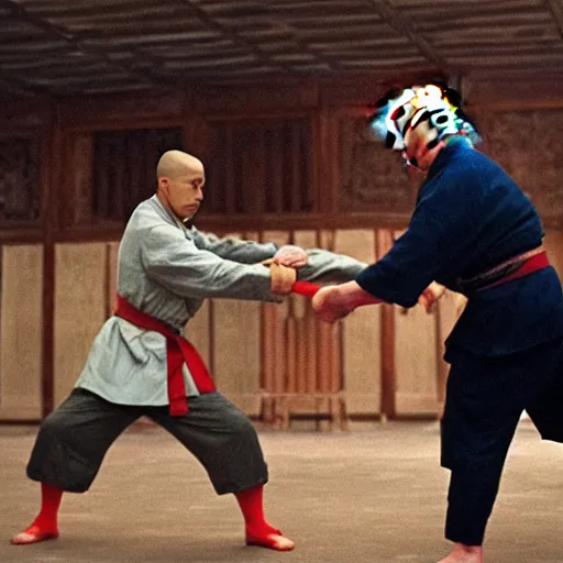 Image similar to film still from The 36th Chamber of Shaolin, Master Donald Trump fights Obama Killer