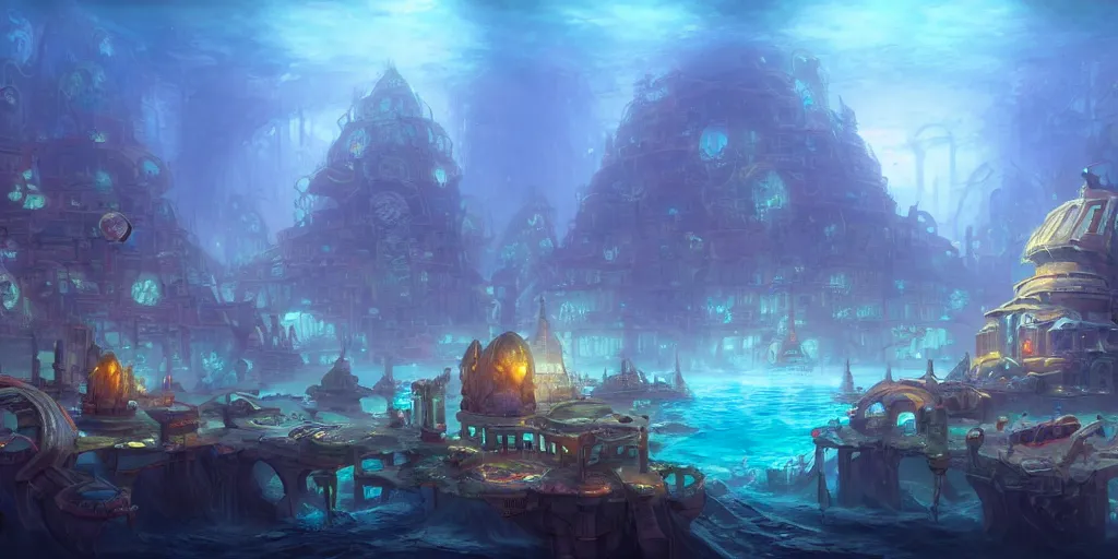 Image similar to a concept art of an underwater civilization by tyler edlin, trending on artstation, highly detailed, atmospheric, directional lighting, cinematic