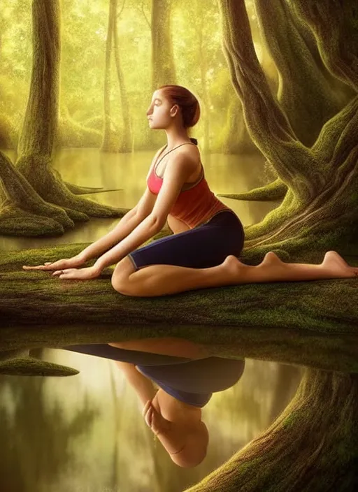 Image similar to young woman sitting in yoga pose : : forest nature : : weta disney pixar movie still photo : : decadent highly - detailed digital painting, full length shot, golden ratio, octane render, artstation, smooth, sharp focus, artgerm, mucha, loish, wlop, gogo