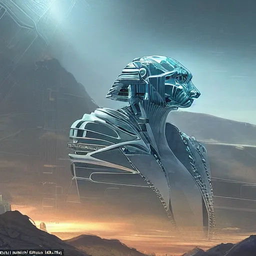Prompt: a scene of the beautiful intricate epic futuristic cybernetic sphinx from a distance, hyper detailed, cinematic lighting