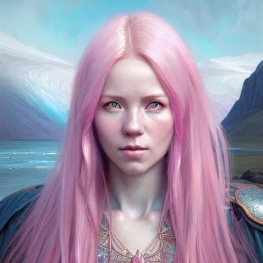 Image similar to pink haired mage medium portrait, female, glacier landscape, norway, d & d, fantasy, intricate, elegant, highly detailed, digital painting, pink and teal color palette, artstation, octane render, concept art, matte, sharp focus, illustration, herrarthstone, art by artgerm and greg rutkowski and alphonse mucha