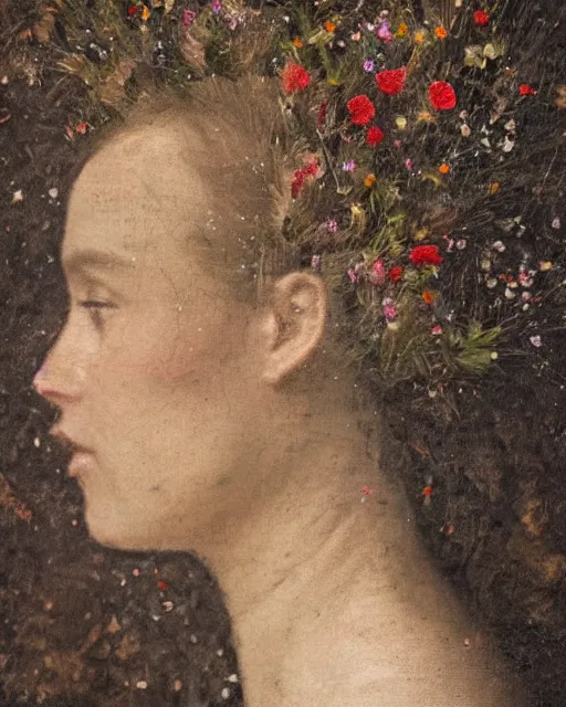 Image similar to a woman's face in profile, made of wildflowers, in the style of the dutch masters and gregory crewdson, dark and moody