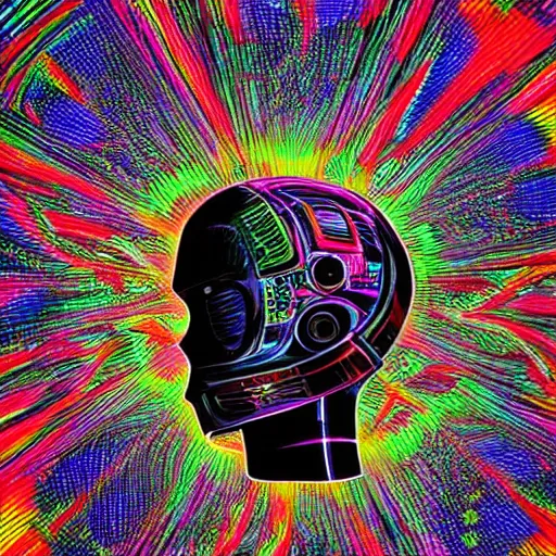 Image similar to photo of a black tshirt with a hyperdetailed trippy futuristic robot head, 8 k, symetrical, flourescent colors, multicolored tshirt art,