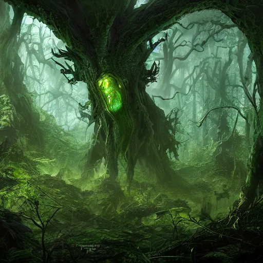 Prompt: a green eldritch monstrosity in an overgrown forest viewed from the sky by Marek Okon, god rays, fantasy art, 4k, HDR, photorealistic, 8k, trending on artstation