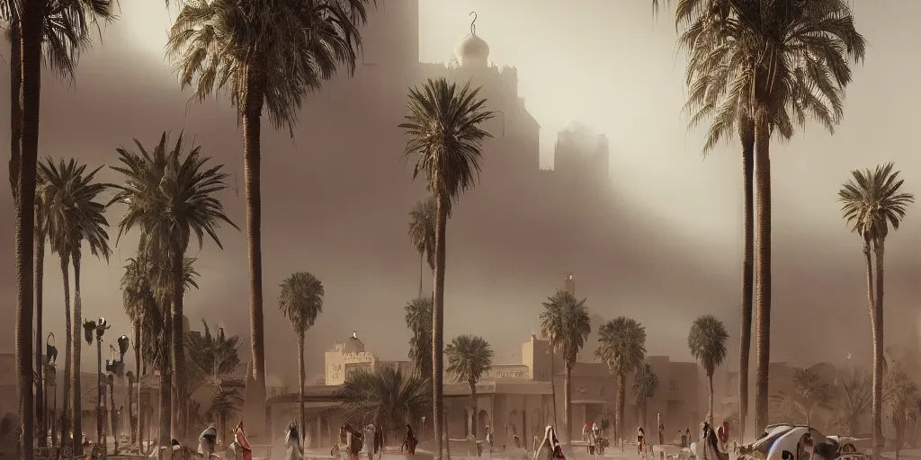 Image similar to sandstorm in marrakech, palm trees, moroccan mosque, wlop, james jean, tom bagshaw, rococo, trending on artstation, fantasy, intricate, elegant, highly detailed, digital painting, concept art, smooth, illustration, cinematic lighting, hyper realism, octane render, 8 k, hyper detailed.