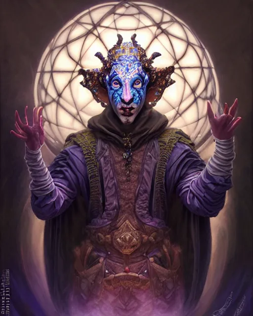 Image similar to front shot of a court jester character, hyperdimensional, bioluminescent hypercubes, ((intricate)), elegant, highly detailed, centered, (((artstation, concept art, smooth, sharp focus, artgerm, Tomasz Alen Kopera, Peter Mohrbacher, donato giancola, Joseph Christian Leyendecker, WLOP, Boris Vallejo))), mugshot!!!!!, ugly!!!!!!, octane render, nvidia raytracing demo, grainy, muted